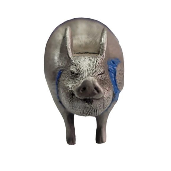 Pewter Pig Proudly Wearing His First Prize Blue Ribbon Approx 1.75"L x .75"W - Picture 8 of 9